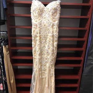Terani sequin and beaded nude strapless gown